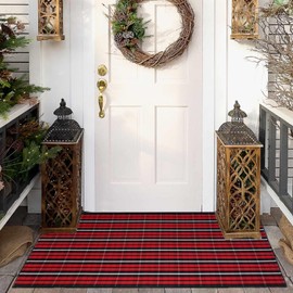Christmas Red and Black Plaid Rug 3 x 5 Ft, Hand-Woven Indoor/Outdoor Layered Cotton Blend Buffalo Plaid Rug, Washable Front Door Mat, Perfect for Porch, Living Room, Entryway