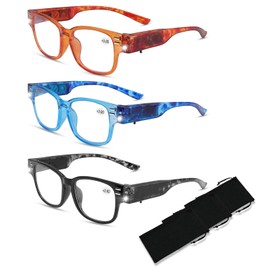 3Colors Magnifying Glasses with Light Bright LED Readers Lighted Magnifying Eyewear Reading Glasses with Lights Blue Light Blocking Eyeglasses Lighted Magnifier Nighttime LED Reading Glasses+200