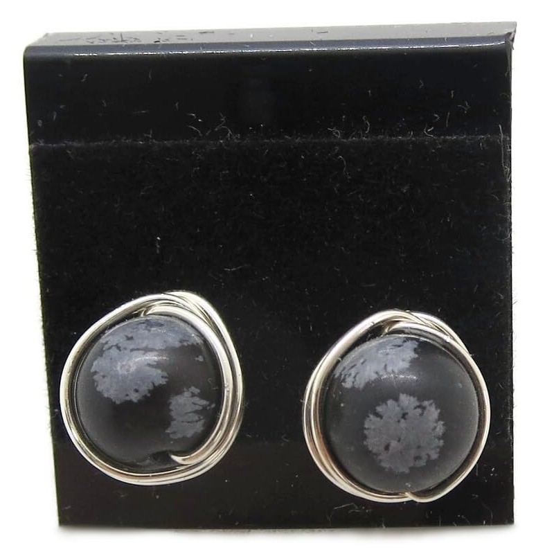 Snowflake Obsidian and Sterling Silver Herringbone-Topped Wire-Wrapped Post Earrings