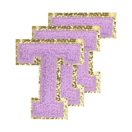 sourcing map Chenille Letters T Patches Large Size 80mm/3.15 Inch Iron-on Letters T Patches Golden Glitter Embroidered Patches for Clothing, Shoes, Hats, Backpacks Pack of 3(Purple)