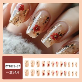 SINSEN Spring Fake Nails Medium Press on Nails with Flower Designs, 24Pcs Red Rose Glue on Nails Gold Glitter Summer Nail Art Decorations Glossy Acrylic Nails for Women Girls Manicure Decorations