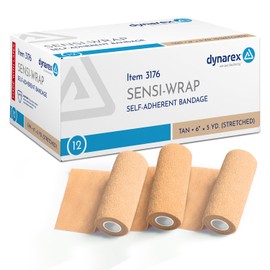 Dynarex Sensi-Wrap Self-Adhesive Bandages, 12-Pack, 6" x 5 Yards, Tan, Latex, Colored Elastic Cohesive Athletic Tape, Tattoo Grip & Vet Wrap