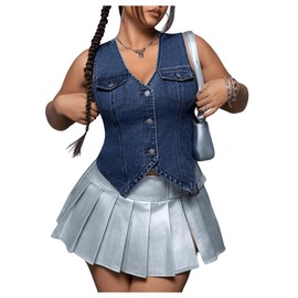 Floerns Women's Plus Size Sleeveless Button Down Jean Vest V Neck Denim Jacket Dark Wash 1XL