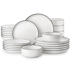MALACASA Plates and Bowls Sets, 24 Pieces Modern Porcelain Dinnerware Set for 6 Ceramic Dishware Dishes White Kitchen Dinner Dining Ware Set wtih Black Rim Microwave and Dishwasher Safe, Series LUNA