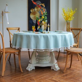GOEXCPL Round Cotton and Linen Tablecloth with Fringes, Blue-Green Diameter 140 cm, Suitable for Round Tables 80-100 cm in Diameter