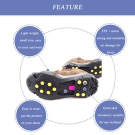 HoFire Ice Cleats for Shoes and Boots, Ice Snow Traction Cleats Grippers, Non Slip Shoe Ice Grippers,10 Steel Rubber Spikes Crampons Anti Easy Slip Studs Crampons Slip-on Stretch Footwear(Black, L)