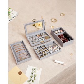 Homde Jewelry Tray Stackable Jewelry Box Drawer Organizer with Glass Lid, Removable Dividers for Vanity Table Gift Idea for Girls and Women (Gray)
