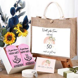 Xuniea Birthday Gift for Women Included Jute Carry Bag Socks Keyring Birthday Cards Envelope Funny Gift Ideas for Women, As shown in the picture, 50th birthday