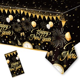 1PC Happy New Year Tablecloth, Disposable Black Gold NYE Party Tablecloth Decorations, Rectangular Plastic Table Cover NYE Theme Supplies for Birthday Party Decorations, 108 x 54”