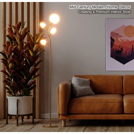 Fiqevs Modern Gold 4 Globe Floor Lamp for Living Room - Contemporary Tree Floor Lamp with White Frosted Glass Shade and LED Bulbs, Mid Century Modern Standing Lamp for Bedroom & Home Office