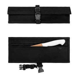 Under NY Sky Knife Roll Case - 1 Slot - Heavy Duty Waxed Canvas Pouch - Leather Reinforced - Portable Bag for Cooking Tools, Utensils, Cutlery Knives, Brushes - Chefs, Kitchen, Travel, Gift - BlackCV