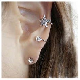 Iaceble Bohemia Crystal Star Ear Cuff Earrings Tiny Cz Stud Earrings Lucky Star Ear Clip Earrings Silver Rhinestone Cartilage Earrings Set Jewelry for Women and Girls