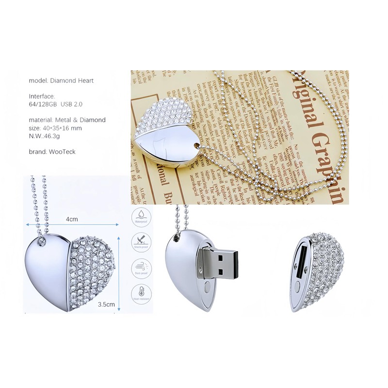 WooTeck 64GB Crystal Loving Heart Jewelry USB Flash Drive Memory