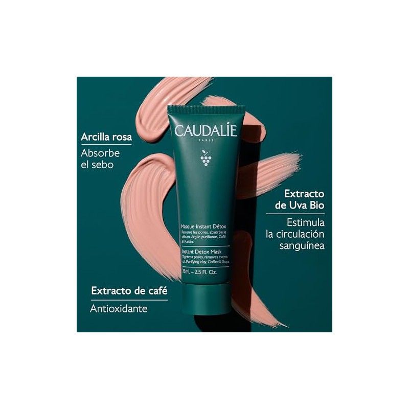 CAUDALIE Instant Detox Mascarilla de Arcilla Rosa, Limpia Poros -