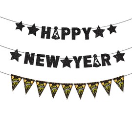 Glitter Black Happy New Year Banner 2025 - 3 Strings Party Supplies With Hanging Decorations for New Year's Eve