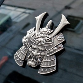 Samurai Metal Car Sticker, Japanese Style Hannya Decal, Demon with Helmet Emblem, Devil Death Skull Zinc Alloy Skull Cool Badge for Automotive, Truck, Motorcycle (Type B - Gun Color)