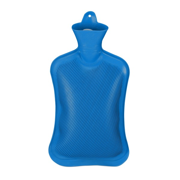Relaxdays Hot Water Bottle Without Cover, Durable, Safe Hot Water Bottle, 2L Bed Bottle, Odourless Natural Rubber, Blue, Pack of 1