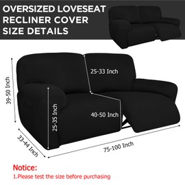 Wonderjune Recliner Loveseat Covers Extra Wide 75" x 100", Reclining 2 Seater Couch Covers 6 Pieces Milk Silk Reclining Loveseat Sofa Slipcovers Washable Furniture Protector (Black)