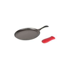 Lodge Cast Iron Round Griddle with Red Silicone Hot Handle Holder, 10.5-inch