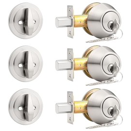 Probrico 3 Pack Brushed Nickel Single Cylinder Deadbolt Lock Set, Round Keyed One Side Door Lock for Exterior and Interior Door