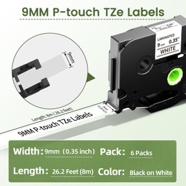 Markurlife TZe-221 9 mm Compatible with Brother P-Touch Tapes 9 mm Black on White TZe231 TZ Tape 9 mm White Ptouch Label Tape for Brother PTouch PT H107B H100LB H110 D210 E100 D600VP 1000, Pack of 6