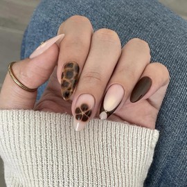 BABALAL Brown Nails Press on Fall False Fake Nails - Tortoise Ombre Design, Almond Medium, Metallic Ball Charm Y2k Stick on 24Pcs Glossy Acrylic Nails for Women Girls