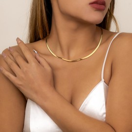 Finrezio Gold Chain for Women 14K Gold-Plated Snake Chain Choker Stainless Steel Necklace Herringbone Chain for Women Layered Adjustable Necklace Jewellery Birthday Gift 14 inches / 15 inches / 16
