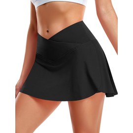 DERCA Tennis Skirts for Women Crossover Athletic Golf Skort with Pockets High Waisted Running Skirt (Black,Small)