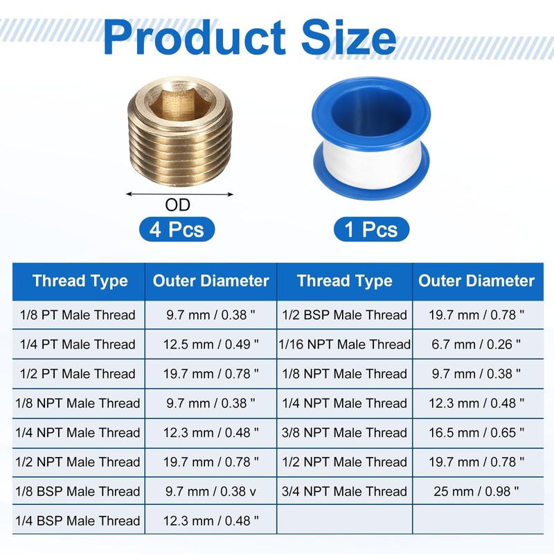 uxcell 4Pcs 1/8 BSP Brass Pipe Plug Fitting, Male Thread