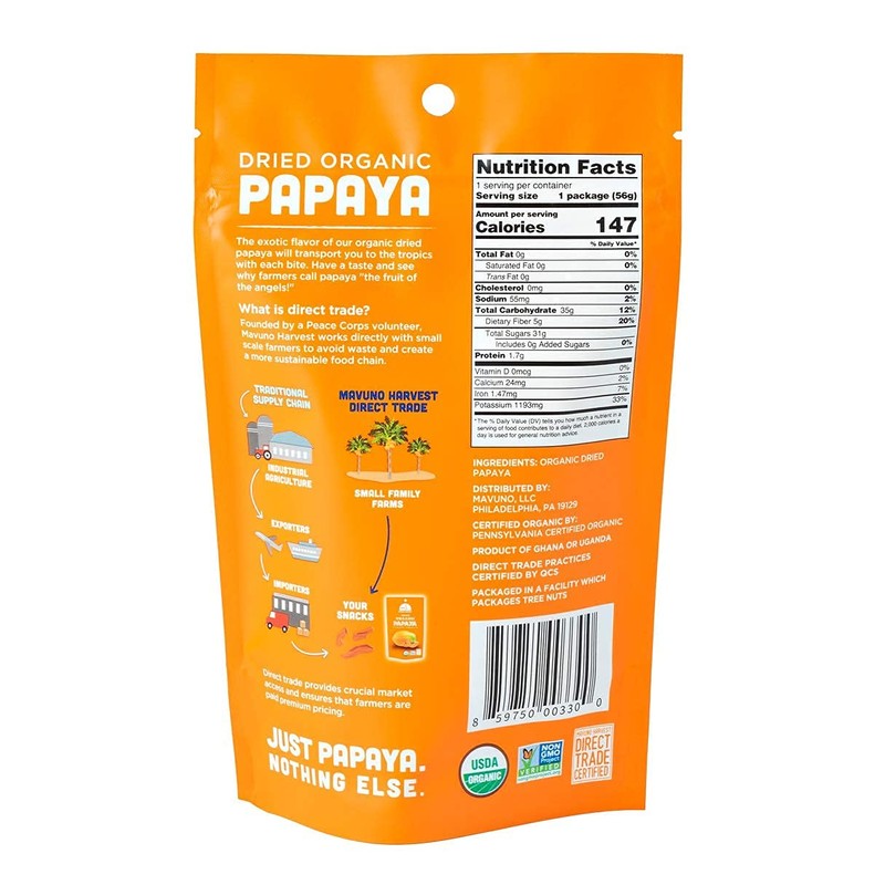 Mavuno Harvest Direct Trade Organic Dried Fruit, Papaya, 6 Count