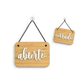 3DP Signs - Bamboo Shabby Chic Abierto/Cerrado Door Sign OC12 - Spanish Double-Sided Hanging Door Plate - Reversible Open Closed Business Shop Window Sign for Bar, Pubs, Restaurants and Shops