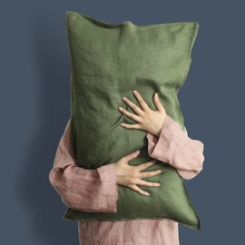 L Linen World Linen Pillow Cases 100% French Natural Linen Pillowcase Set of 2-Stone Washed Moisture-Absorbing Linen Pillow Shams King Size(20''x40''),Olive Green