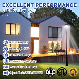 LED Post Top Light with Dusk to Dawn Photocell, 3CCT 3000K-4000K-5000K, 80W/100W/120W/150W Power Tunable, LED Post Top Outdoor Circular Area Pole Light for Garden Street Lighting IP65 DLC ETL Listed