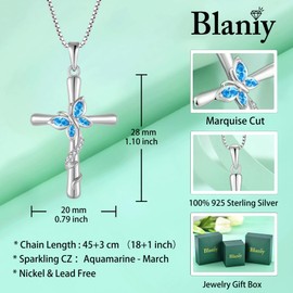 Blaniy Cross Necklace for Women 925 Sterling Silver Butterfly Necklace March Birthstone Necklace Aquamarine Pendant Jewelry Gifts for Women