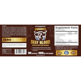 Vitamatic Grass Fed Beef Blood with Liver and Spleen - 180 Capsules - Freeze Dried & Non-GMO - Pasture Raised Glandular Supplement - Made in USA