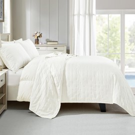 BOURINA Ultrasonic Quilt Set 3-Piece Full/Queen Bedding Set Pre-Washed Microfiber Ultra Soft Lightweight Star Bedspread Coverlet Set for All Season, White