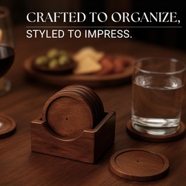 IXXORA Handcrafted Acacia Wood Drink Coasters Set of 6 with Holder, Rustic Charm, Food-Grade Oil-Based Dark Brown Finish, Stylish & Functional for Drinkware, Furniture Protection, and Home Décor