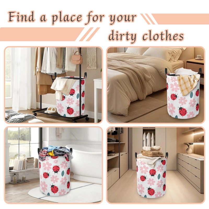 Cute Ladybug Laundry Hamper,Pink Flower Collapsible Laundry Basket with Handles