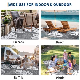 GarveeHome Outdoor Rug Waterproof 8x10 Reversible Outdoor Plastic Straw Rug Modern Palm Leaves Patio Rug Indoor Outdoor Mat RV Mat Outside for Patio Camp Balcony Deck Picnic, Grey and White