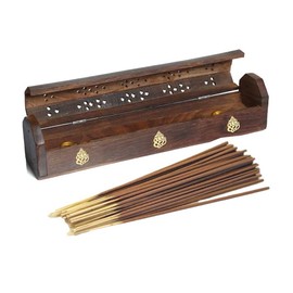 VR Angel Wooden Incense Stick Holder Storage Box With 20 x Incense Sticks, Handmade Brown Coffin Box, Ash Catcher With Brass Inlay, Perfect for Any Occasion (Ganesha Design)