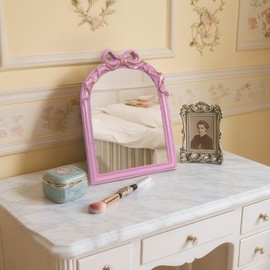 Vintage Carved Bow Resin Desk Mirror - 13x10 Inch Decorative Vanity Mirror for Makeup, Dorm, Bedroom & Tabletop Deco(Pink)