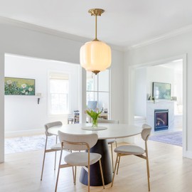 Milk Glass Pendant Light Fixture, Vintage Antique Brass Semi Flush Mount Pendant Light, White Glass Chandelier Close to Ceiling Light for Kitchen, Hallway, Schoolhouse, Foyer and Bedroom (10.24 inch)