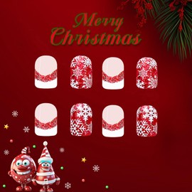 24Pcs Red Christmas Fake Nails Short Press on Nails Square False Nails with Snowflake Designs White Nail Tip Acrylic Nails Stick on Nails Christmas Press ons for Women Girls Xmas Nail Art Decoration