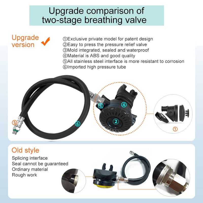 Scuba Breathing Secondary Valve with Medium Pressure Tube Adjustable Diving