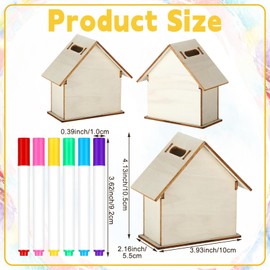 Briwooody 12 Set DIY Unfinished Wooden Houses Bank Unfinished Piggy Bank Set with Coloring Pens Blank Coin Box Crafts for Wood Piggy Banks Craft and Home Activities Fun