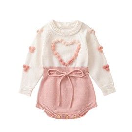 PanLidapan Valentine's Day Newborn Baby Girl Sweater Romper Heart Embroidery Long Sleeve Knit Jumpsuit Infant Fall Winter Warm Clothes (Pink, 6-9 Months)