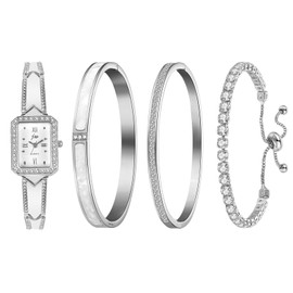 Silverora 4pcs Women's Watch Bracelet Square: Rhinestone Zircon Analogue Quartz Watches Ladies Wrist Watches with Roman Numerals Bangle Gifts for Women Girls Silver