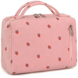 Bluboon Makeup Bag Zipper Pouch Travel Portable Cosmetic Bag Organizer for Women and Girls(Corduroy Pink Strawberry)