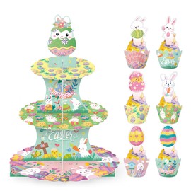 3 Tier Easter Cupcake Stand with 24 Pcs Cupcake Toppers, Bunny Egg Dessert Tower for Easter Kids Theme Birthday Party Decorations