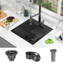 15 x 15 inch Drop in Bar Sink Black, Black Bar Sink 18 Gague Topmount Single Bowl Small Kitchen Sink with Basket Strainer Drain & Bottom Grid